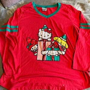 Sanrio Red and Green Long Sleeve Tee with Hello Kitty Design